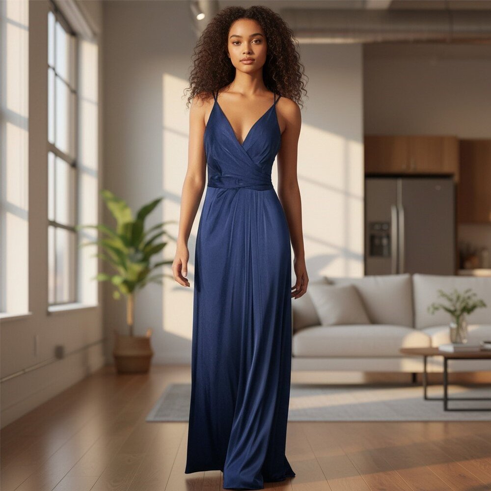 Faviana 7755 Navy V-Neck High Slit Open Back Formal Gown Size 2 NWT